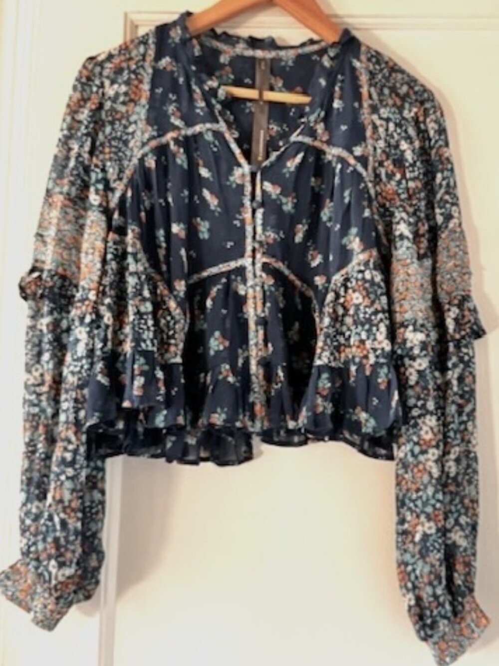 Anthropologie Sheer Babydoll Blouse In Blue Floral Print - Picture 4 of 10